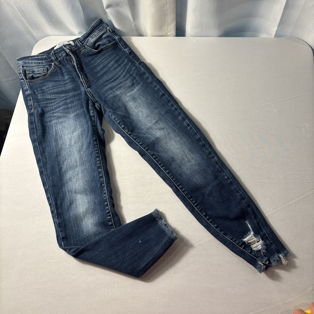 Kancan Signature Buckle MidRise Ankle Distressed Skinny Jeans Women 26 Raw Hem